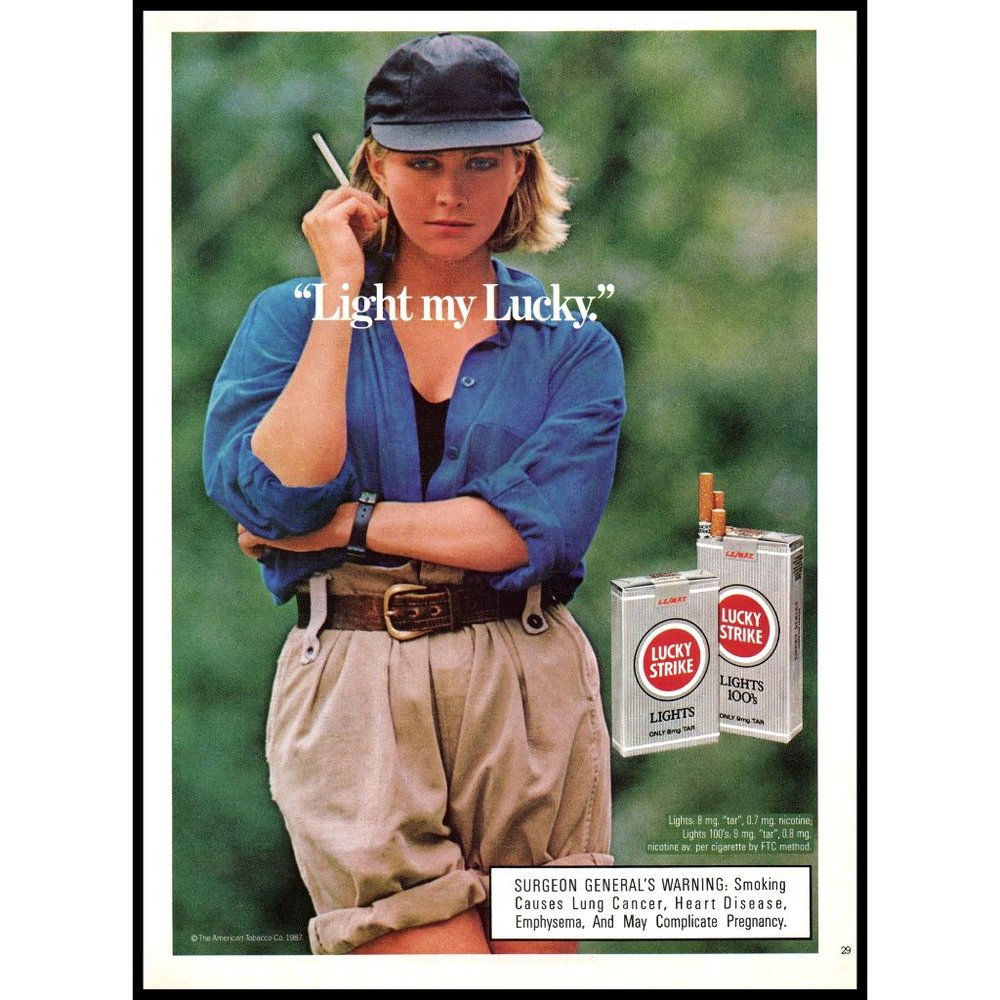 1987 Lucky Strike Cigarettes Vintage Print Ad Woman Blue Hat Khakis Wall Art
